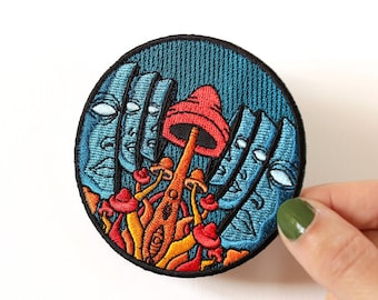 Psychedelic Embroidered Patch - Cool Iron On Patch - Magic Mushroom Patch - Trippy Circle Patch