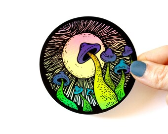 Magic mushroom holographic sticker - Psychedelic holo sticker - Circle trippy vinyl decal - Cool stoner sticker