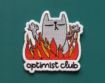 Optimist Club Cat Iron-On Patch, Fire Embroidered Badge, Quirky Clothing Accessory