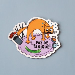 Autocollant Pas de panique en vinyle | autocollant drôle de chat | Sticker original français | Sticker imperméable fantaisiste | 3 x 2,5 pouces
