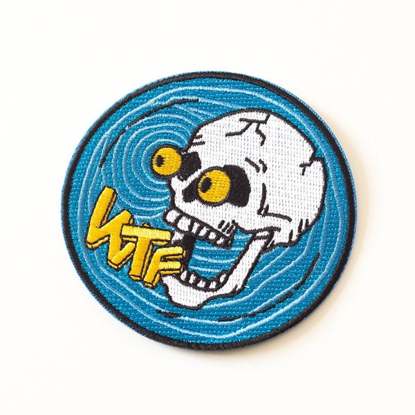 WTF Skull Iron-On Patch | Funny Embroidered Patch | 3 x 3 inches