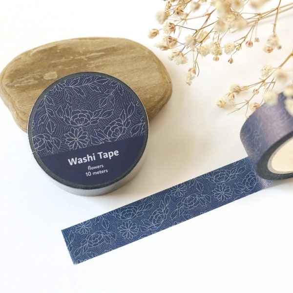 Navy blue floral washi tape - Cute washi tape - Cool planner tape - 15mm washi tape - Botanical washi tape