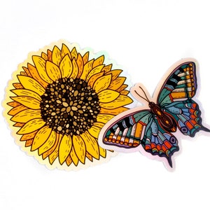 Ensemble d'autocollants holographiques tournesol et papillon | Autocollants Holo Garden en vinyle | Stickers lumineux et brillants