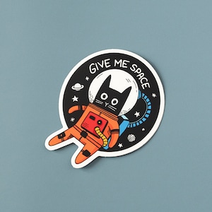 Autocollant en vinyle Give Me Space Cat | chat drôle astronaute | Sticker mignon et original | Autocollant étanche 2,42 x 3 pouces