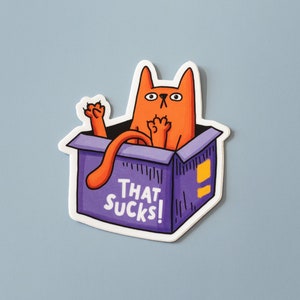 Autocollant en vinyle drôle de chat dans une boîte | Autocollant de chat de style contemporain | Sticker chat ludique imperméable | Sticker chat fantaisiste | 3 x 3 pouces