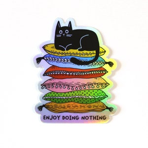 Lazy Cute Cat Sticker Holographic black cat sticker Gifts For Cat People Enjoy doing nothing image 2