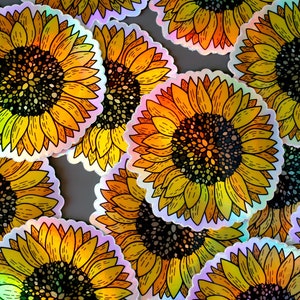 Sticker tournesol holographique | Autocollant en vinyle tournesol vibrant | Sticker joyeux Holo Bright | 3 x 3 pouces
