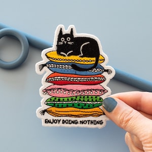 Enjoy Doing Nothing Cat Iron-On Patch | Colorful Embroidered Patch | 3.5 x 2.5 inches