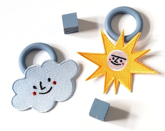 Happy Cloud and Sun Iron-On Patch Set | Cute Embroidered Patches | 3 x 1.8 inches & 3.4 x 2.7 inches