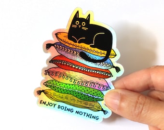 Lazy Cute Cat Sticker - Holographic black cat sticker  - Gifts For Cat People - Enjoy doing nothing