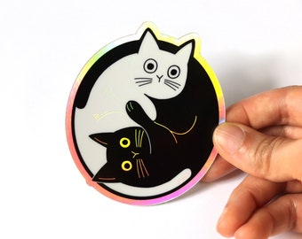 Holographic Yin Yang Cat Vinyl Sticker | Black and White Cat Sticker | Cute Zen Sticker | Waterproof Whimsical Decal | 2.87 x 3 inches