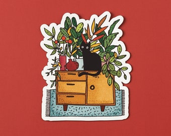 Plant Cat Vinyl Sticker | Cute Black Cat and Houseplants Sticker | Indoor Plant Lover Sticker | 2.5 x 3 Inches