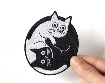 Black White Cat iron on patch - Cute Yin and Yang embroidered patch - Cool backpack patch - Animal patches for jeans