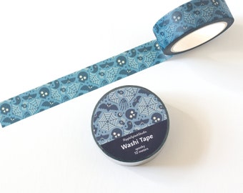 Ruban adhésif Washi bleu effrayant pour Halloween | Ruban adhésif en Washi avec de jolies têtes de mort | Ruban adhésif toile d'araignée et chauve-souris | Ruban adhésif pour scrapbooking | Ruban adhésif pour emballage cadeau