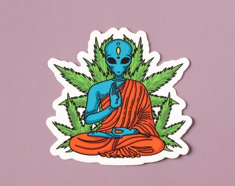 Alien Buddha Vinyl Sticker | Trippy Zen Meditation Art | Psychedelic Cool Alien Sticker | Extraterrestrial Art Sticker | 3 x 3 Inches