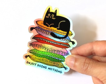 Holographic Lazy Cute Cat Sticker | Enjoy Doing Nothing Vinyl Sticker | Shiny Black Cat Sticker | 2.34 x 3 Inches