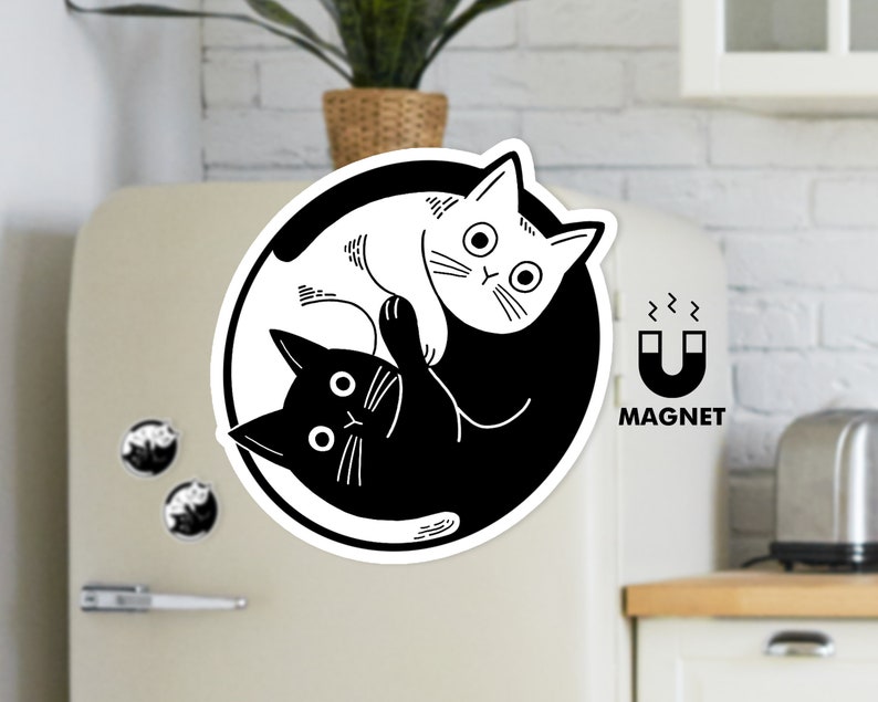 Black White Cat Fridge Magnet Cute Yin and Yang Car Magnet Kitty Cat Funny Magnet image 1