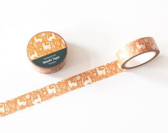 May include: Orange washi tape with a repeating pattern of white cats and floral elements. The tape roll has a dark green label with the text "Washi Tape" and "10 meters". A length of the tape is unrolled, showing the pattern.