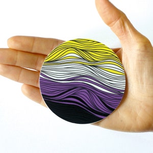 May include: A round sticker with a wavy design in yellow, white, purple, and black colors.