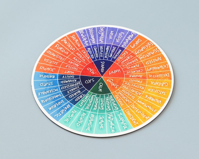 Pu&ograve; includere: Una ruota colorata con uno spettro di emozioni, che vanno da allegro a spaventato. La ruota &egrave; divisa in sezioni, ciascuna con un colore diverso e una parola che descrive un'emozione. Le parole sono scritte in bianco e sono facili da leggere.