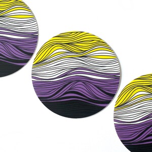 May include: Three round coasters with a wavy pattern in yellow, white, and purple. The coasters are made of a hard material and have a glossy finish.