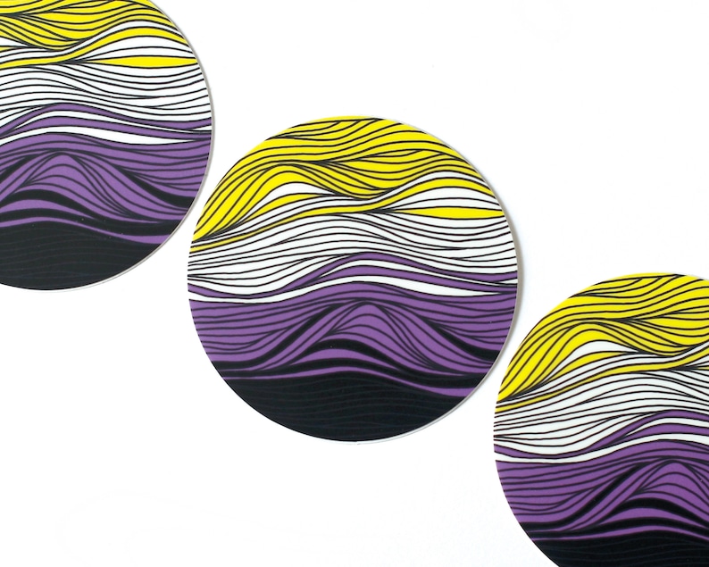 May include: Three round coasters with a wavy pattern in yellow, white, and purple. The coasters are made of a hard material and have a glossy finish.
