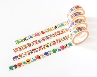 Washi Tape Set of 4 | Whimsical Cream Washi Bundle | Cats Mushroom Floral Skull Tape | Cottagecore Journal Tape | Craft Gift Set