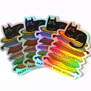 Lazy Cute Cat Sticker Holographic black cat sticker Gifts For Cat People Enjoy doing nothing image 8