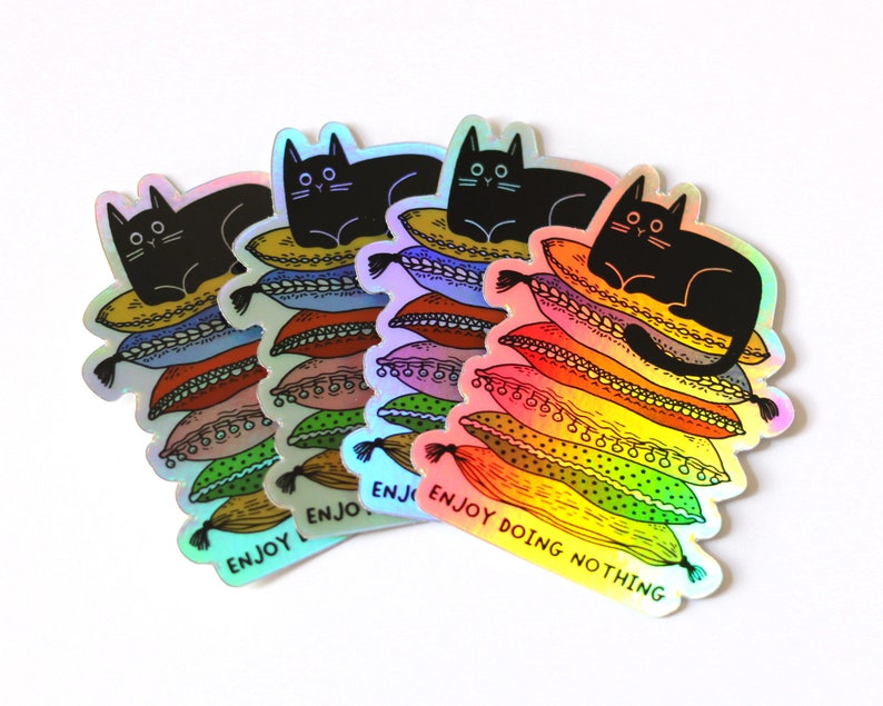 Lazy Cute Cat Sticker Holographic black cat sticker Gifts For Cat People Enjoy doing nothing image 8