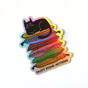 Lazy Cute Cat Sticker Holographic black cat sticker Gifts For Cat People Enjoy doing nothing image 5