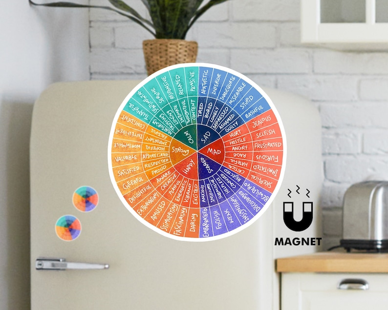 Pu&ograve; includere: Un magnete rotondo colorato con una ruota delle emozioni. La ruota &egrave; divisa in sezioni con colori diversi e parole che descrivono sentimenti, come felice, triste, arrabbiato e frustrato. Il magnete ha un retro magnetico e le parole "MAGNET" sono stampate sotto la ruota.