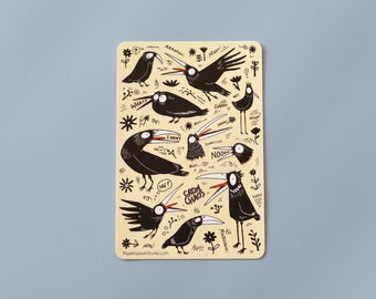 Foglio di adesivi divertenti e stravaganti con corvi / Adesivi con uccelli umoristici / Adesivi in bianco e nero / Adesivi con animali fantastici / 4 x 6 pollici