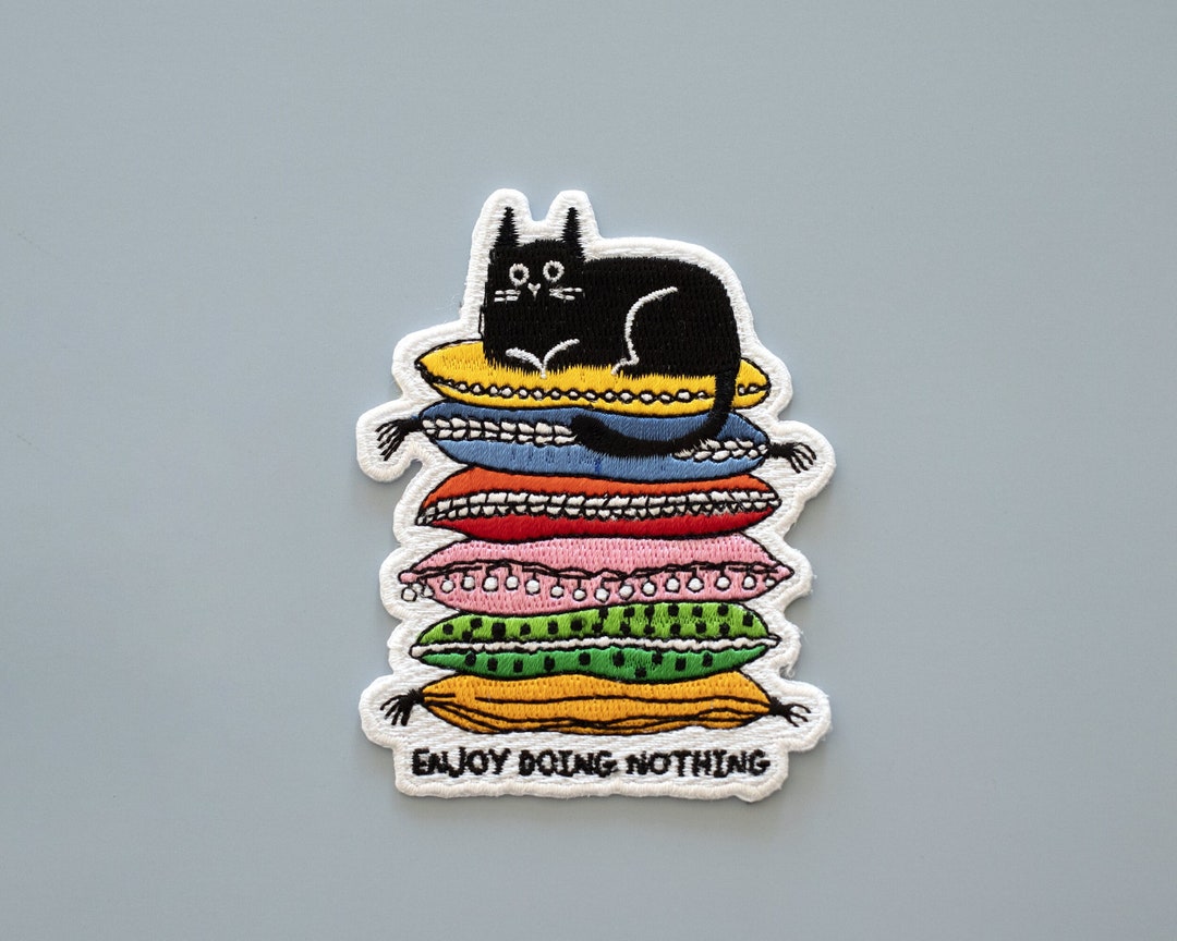 Cute Lazy Cat Embroidered Patch Funny Black Cat Embroidered Etsy