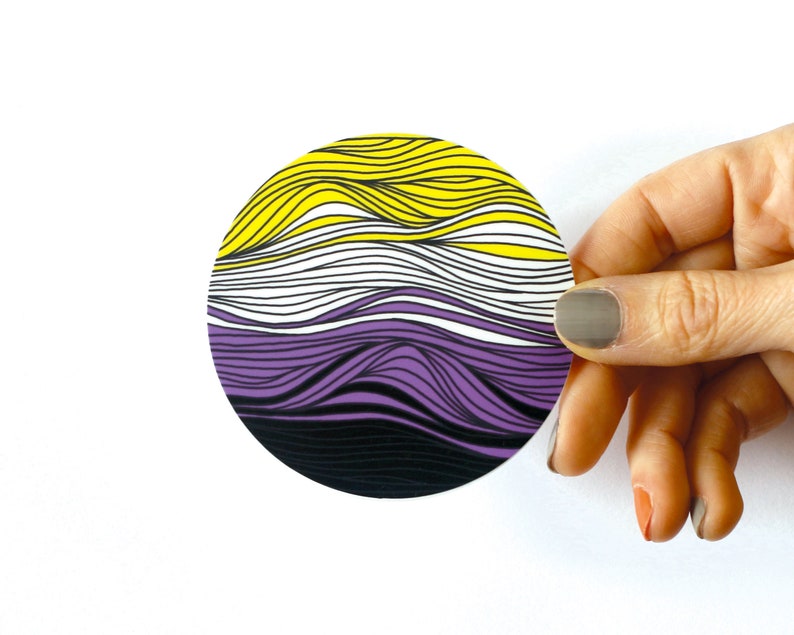 May include: A round sticker with a wavy design in yellow, white, purple, and black colors.