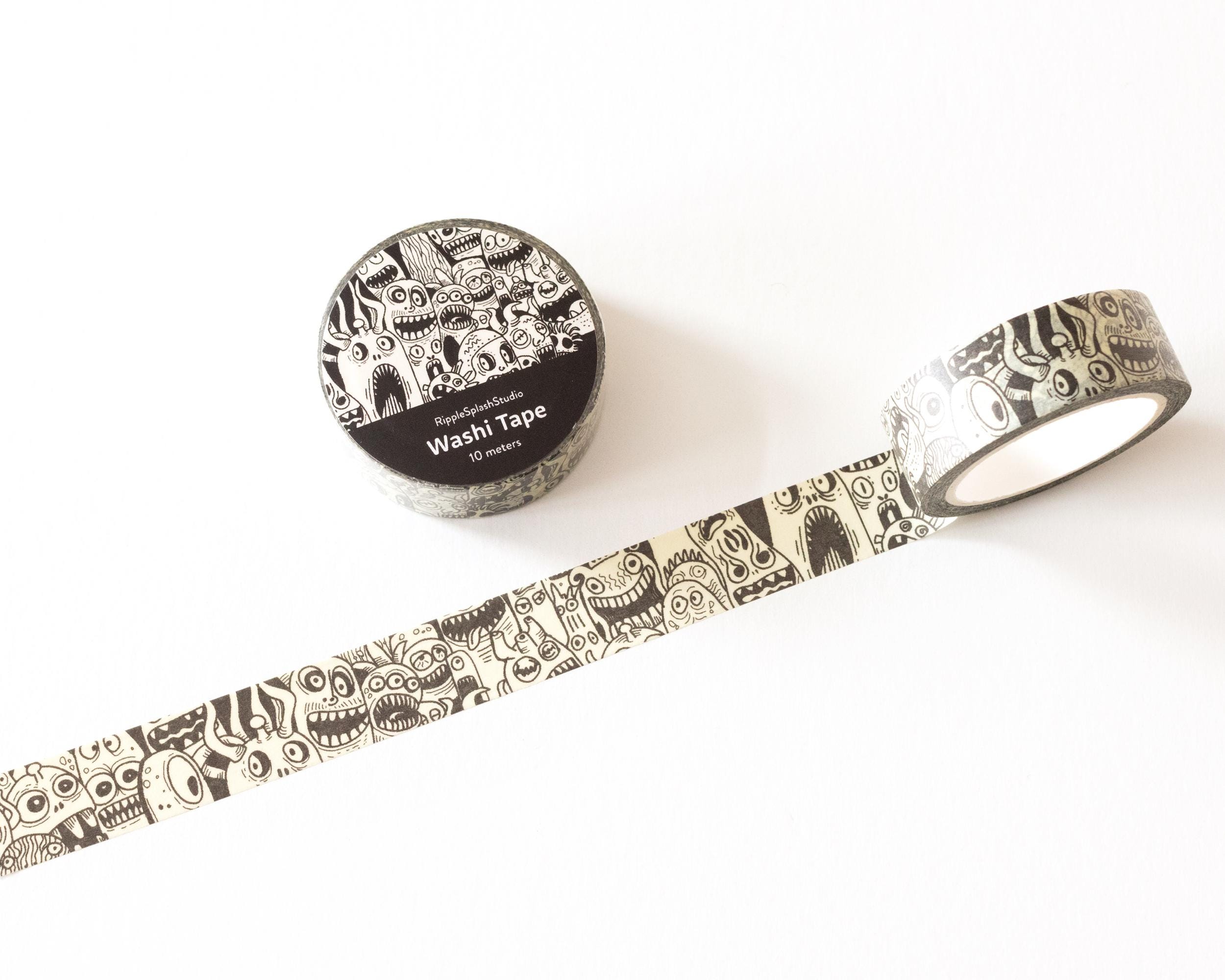 Monstrous Black and White Washi Tape | Halloween Decorative Masking Tape | Spooky Scrapbooking Supplies | Creative Eerie Journaling Tape