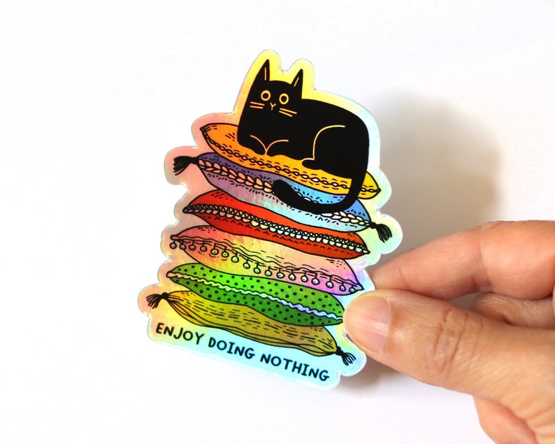 Lazy Cute Cat Sticker Holographic black cat sticker Gifts For Cat People Enjoy doing nothing image 1