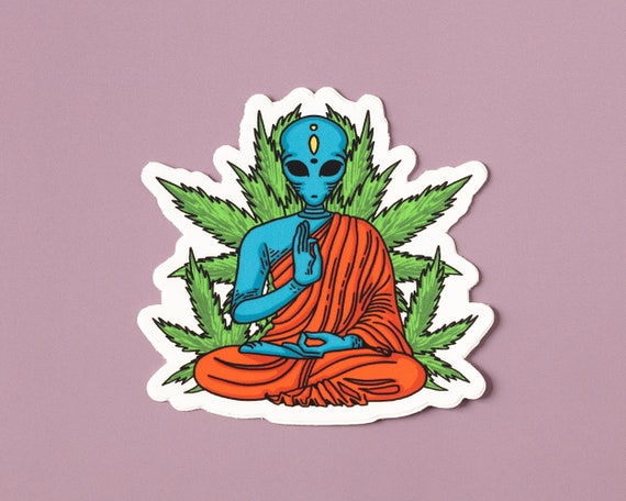Alien Buddha Vinyl Sticker | Trippy Zen Meditation Art | Psychedelic Cool Alien Sticker | Extraterrestrial Art Sticker | 3 x 3 Inches