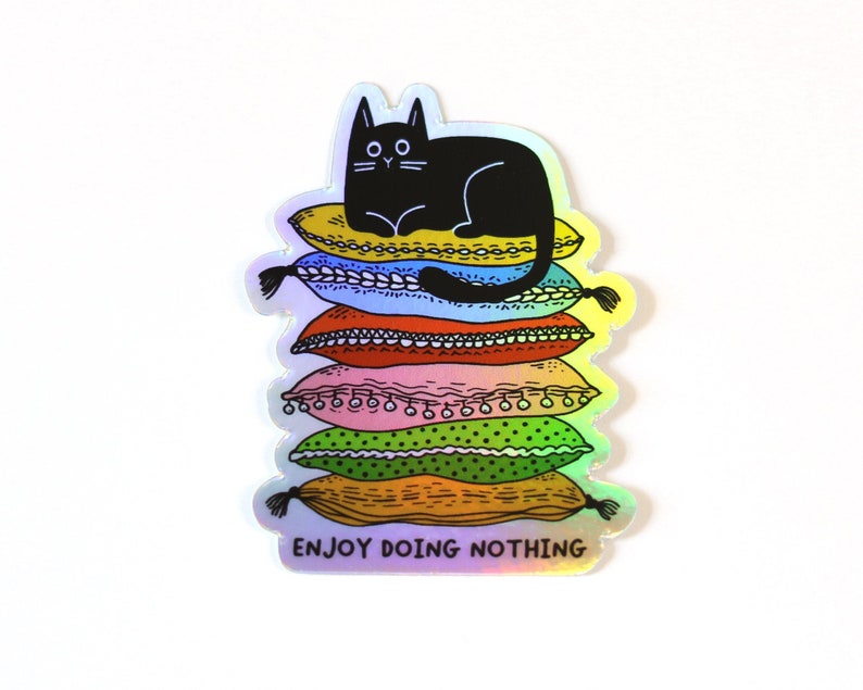 Lazy Cute Cat Sticker Holographic black cat sticker Gifts For Cat People Enjoy doing nothing image 2