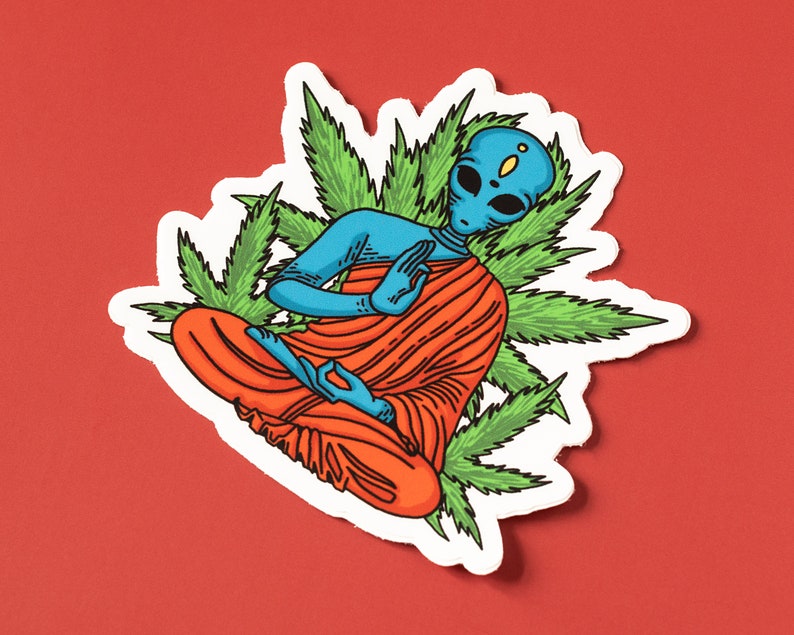 May include: A blue alien meditating in a lotus position, wearing an orange robe, surrounded by green marijuana leaves.