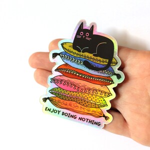Lazy Cute Cat Sticker Holographic black cat sticker Gifts For Cat People Enjoy doing nothing image 6