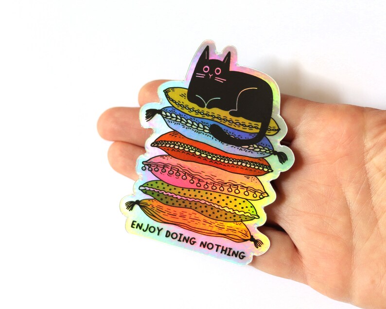 Lazy Cute Cat Sticker Holographic black cat sticker Gifts For Cat People Enjoy doing nothing image 6