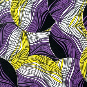 May include: A pattern of overlapping circles with a purple, yellow, white, and black wavy design.