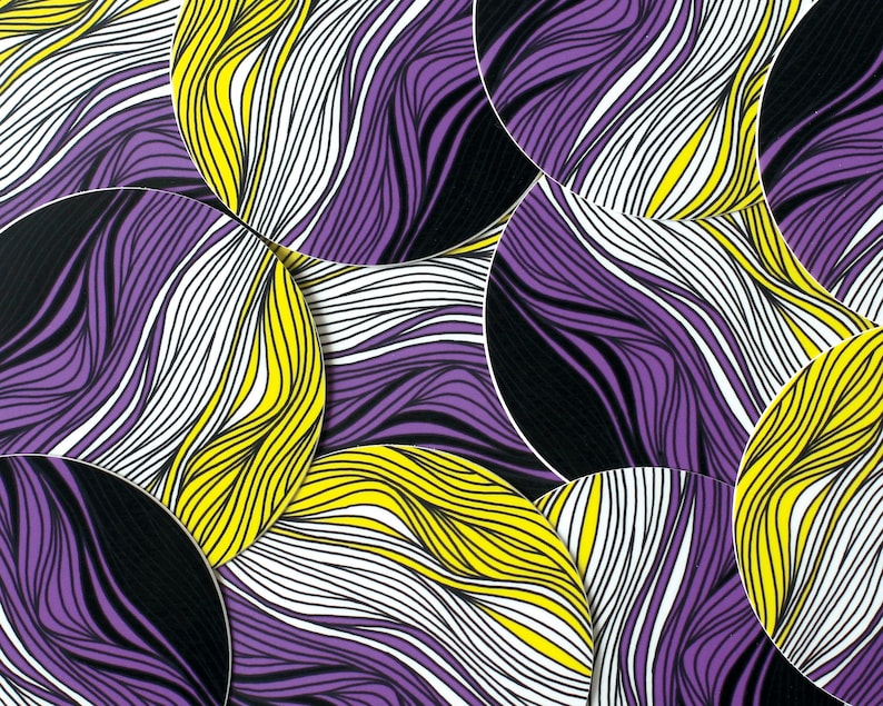 May include: A pattern of overlapping circles with a purple, yellow, white, and black wavy design.