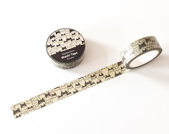 May include: A roll of beige washi tape with a black and white repeating pattern of cats. The tape is 10 meters long and is packaged in a clear plastic container with a black label that reads "Washi Tape".