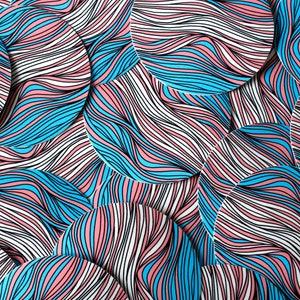 May include: A close-up of a pattern of overlapping circles with a wavy, striped design in shades of pink, blue, and white.