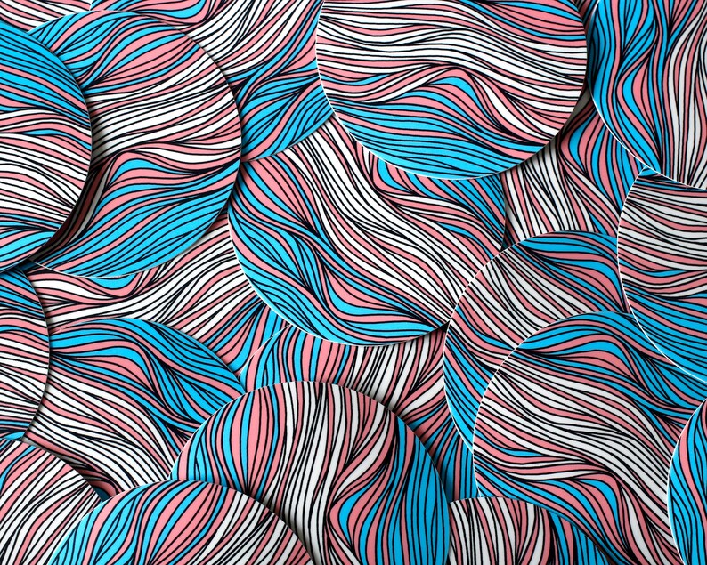 May include: A close-up of a pattern of overlapping circles with a wavy, striped design in shades of pink, blue, and white.