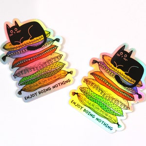 Lazy Cute Cat Sticker Holographic black cat sticker Gifts For Cat People Enjoy doing nothing image 3