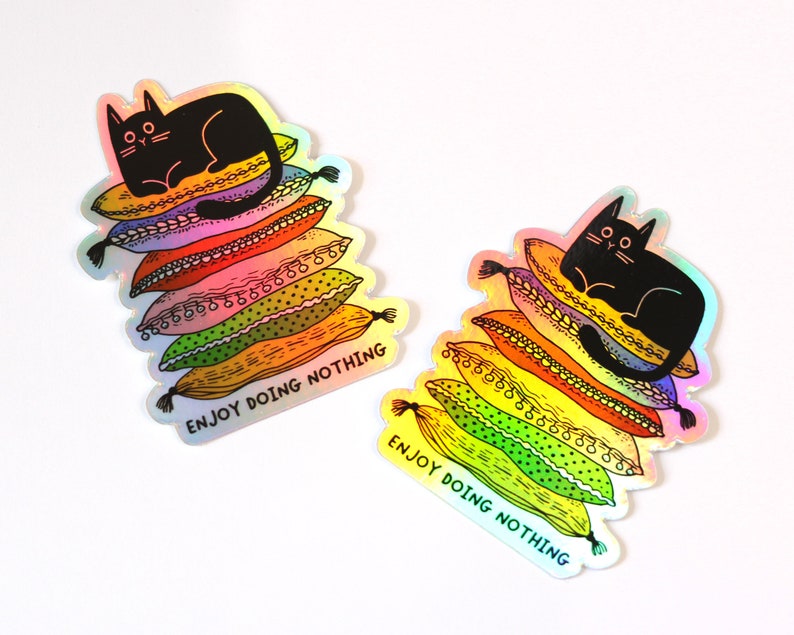 Lazy Cute Cat Sticker Holographic black cat sticker Gifts For Cat People Enjoy doing nothing image 3