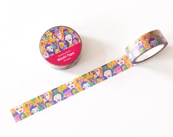 May include: A roll of colorful washi tape with a pattern of faces. The tape is 10 meters long and is packaged in a clear plastic container with a pink label that says "Washi Tape".