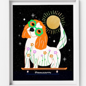 Cavalier King Charles Spaniel Cartoon Wall Art, Sun Background in Black, Digital Print, Instant Download, Pet Lover Decor